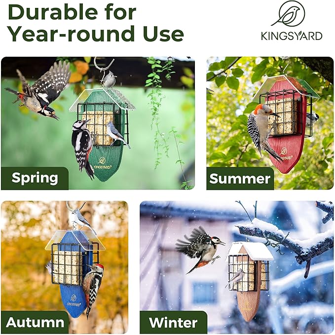 Kingsyard Double Suet Feeder for Outdoors Hanging, Recycled Plastic Tail-Prop Suet Bird Feeders with Rainproof Roof, Great for Woodpecker Chickadee Nuthatch (Green)