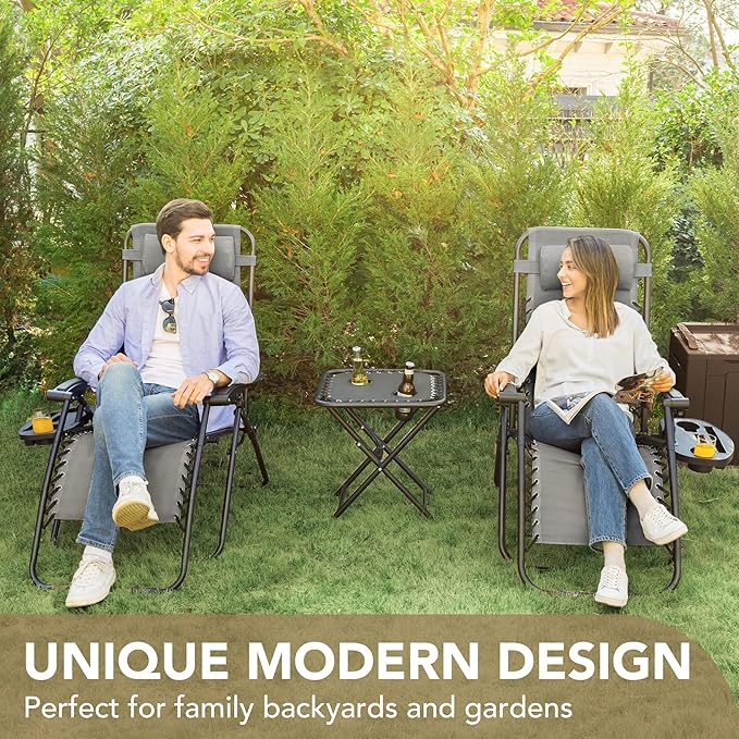Devoko Patio Zero Gravity Chair Outdoor Folding Adjustable Reclining Chairs Pool Side Using Lawn Lounge Chair with Pillow Set of 2 (Grey)