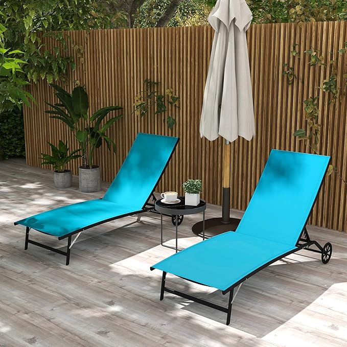Outsunny Chaise Lounge Outdoor, 2 Piece Lounge Chair with Wheels, Tanning Chair with 5 Adjustable Positions for Patio, Beach, Yard, Pool, Blue
