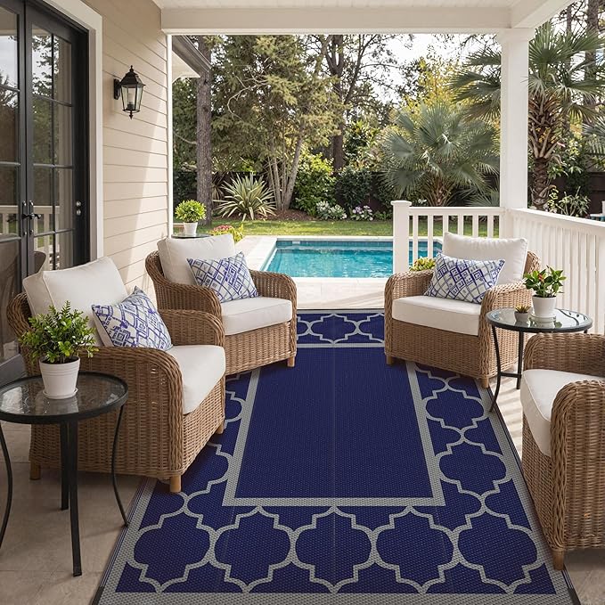 GENIMO Outdoor Rug 9' x 12' Patio Waterproof, Foldable Reversible Plastic Straw Area Rugs Mat for Camper Decor, Outside Carpet for Rv, Deck, Porch, Picnic, Beach, Balcony, Blue & Grey