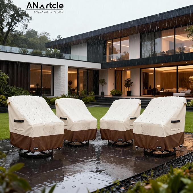 Swivel Patio Chair Cover 4 Pack,600D Waterproof Heavy Duty Outdoor Chair Cover(30 W x 34 D x 36 H inches),Patio Furniture Covers,Outdoor Furniture Covers Waterproof,Beige&Brown