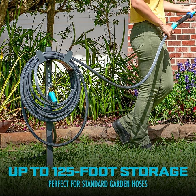 Aqua Joe SJ-SHSBB3LIH Garden Hose Stand with Brass Faucet and 3 ft Lead in Hose, Gray