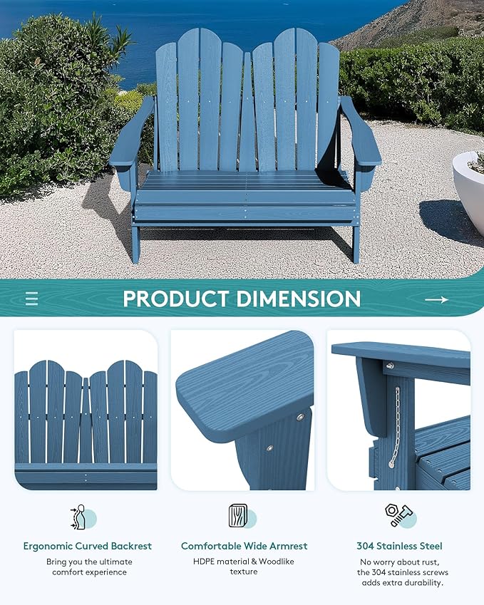 SERWALL 3 Pieces Patio Adirondack Bench Set, 2 Folding Adirondack Bench and 1 Coffee Table Set for Front Porch Garden Balcony Backyard, Navy
