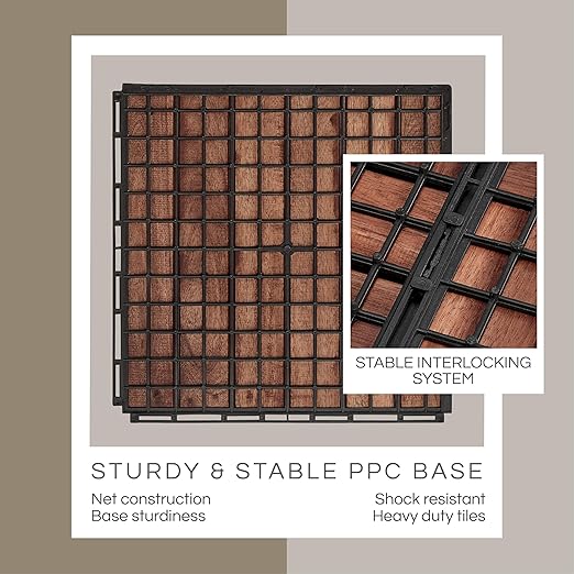 10 Pcs Deck Tiles, Patio Flooring - Outdoor Waterproof Acacia Wood Tiles for All Weather Use - Balcony, Backyard, Indoor & Outdoor (Dark Brown Striped Pattern, 10 Square Ft)