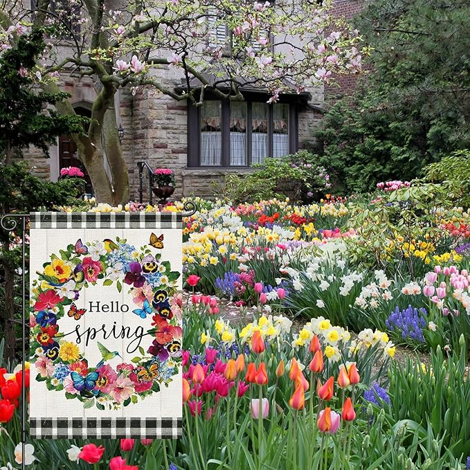 Louise Maelys Hello Spring Garden Flag Pansy Flower Butterfly Double Sided 12x18 Inch Floral Plaid Seasonal Welcome Small Burlap Holiday Yard Sign Outdoor Outside Home Decor