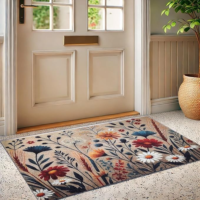 Outdoor Rug Door Mat, Welcome Mat, Non-Slip, 19'x31' (15.FlowerPattern)