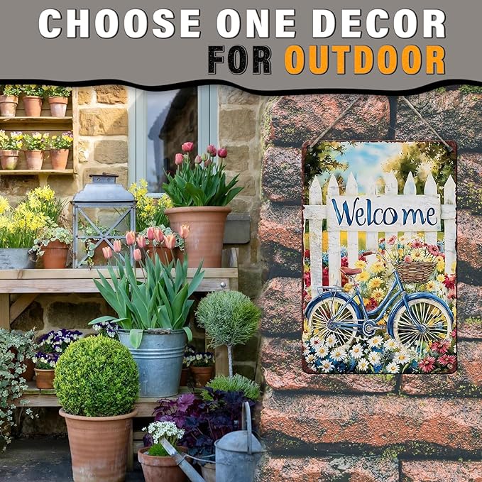 Spring Garden Vintage Tin Sign Bike Welcome Gardening Metal Sign for Home Garden Greenhouse Living Room Bedroom Outdoor Decor 12x16inch