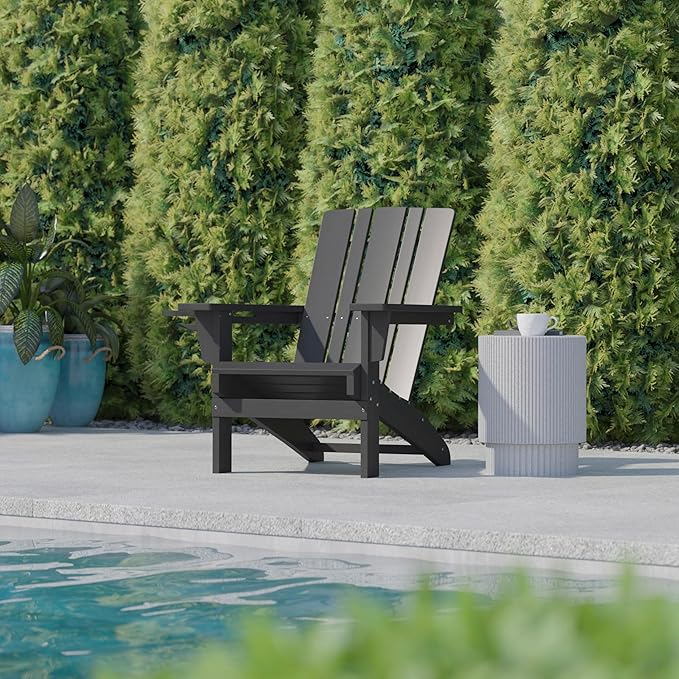 Flash Furniture Halifax Adirondack Chairs with Cup Holders, Weather Resistant Poly Resin Adirondack Chairs, Set of 4, Gray