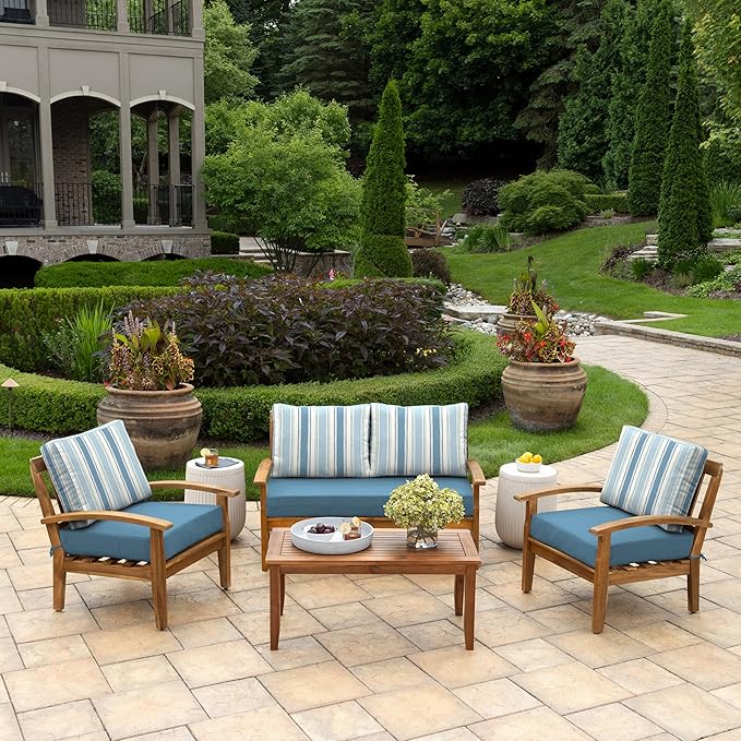 Arden Outdoor Loveseat Cushion Set, 48 x 24, Water Repellent, Fade Resistant, Cushion Set for Couch, Bench, and Swing, French Blue Linen Stripe