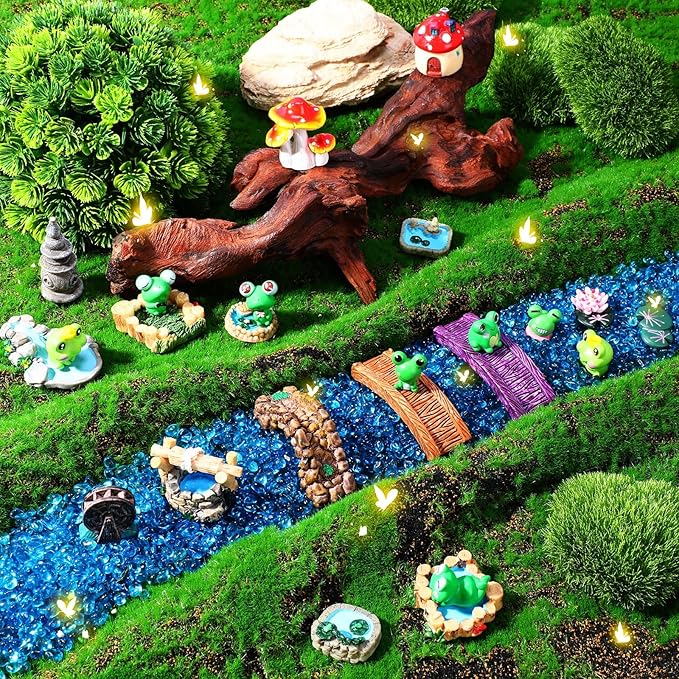 24 Pcs Mini Resin Frog Figures Miniature Fairy Garden Accessories Mushroom Pond Bridge Lighthouse Figures Water Well Fake Lawn Figurines Decoration for DIY Craft Plant Pot Garden Decor