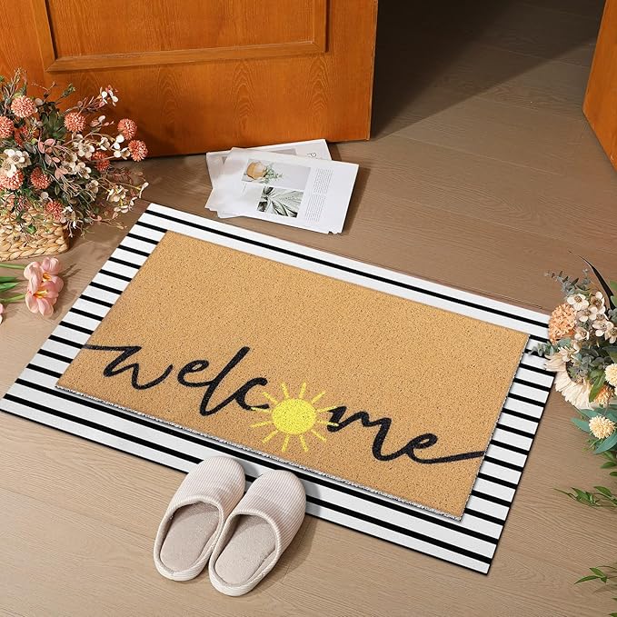 Tinideya 2 Pcs Summer Door Mat Non Slip Wildflower Coastal Hello Sunshine Sweet Home Ocean Pet Welcome Floor Doormat Buffalo Plaid Checked Stripe Mat Seasonal for Front Porch Entryway(Sun)