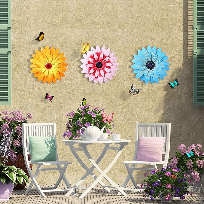 Hotop 3 Pcs Metal Flower Wall Art 3D Metal Daisy Wall Decor Multiple Layer Hanging Flower Rustic Farmhouse Boho Style Decorations for Indoor Outdoor Home Living Room Office Garden, 8 Inches(Stylish)