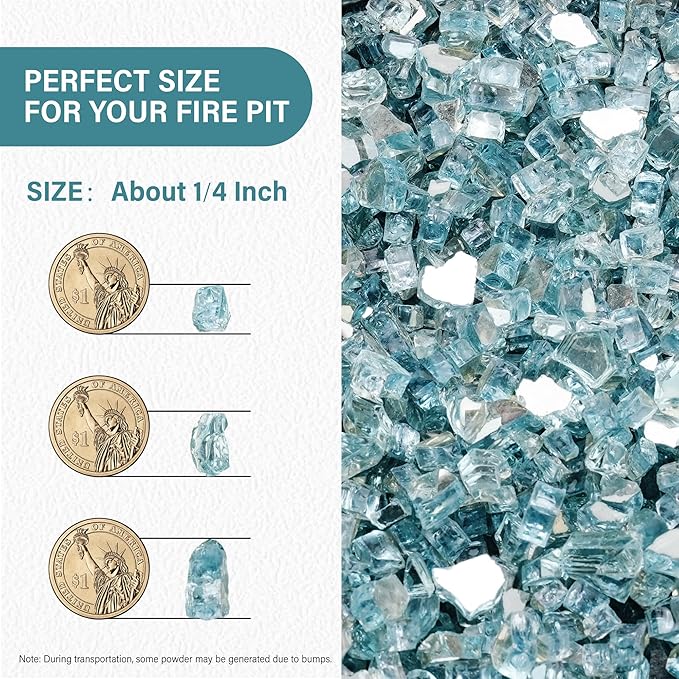 NUPICK 10 Pound Fire Glass, 1/4 Inch Reflective Fire Pit Glass, Tempered Firepit Glass Rock for Propane or Natural Gas, Glass Rocks for Fire Pit Table, Fireplace Glass for Landscaping, Aqua Blue