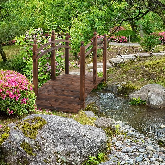 CHARMMA 7.5' Fir Wood Garden Bridge Arc Walkway with Side Railings, Perfect for Backyards, Gardens, & Streams, Carbonized