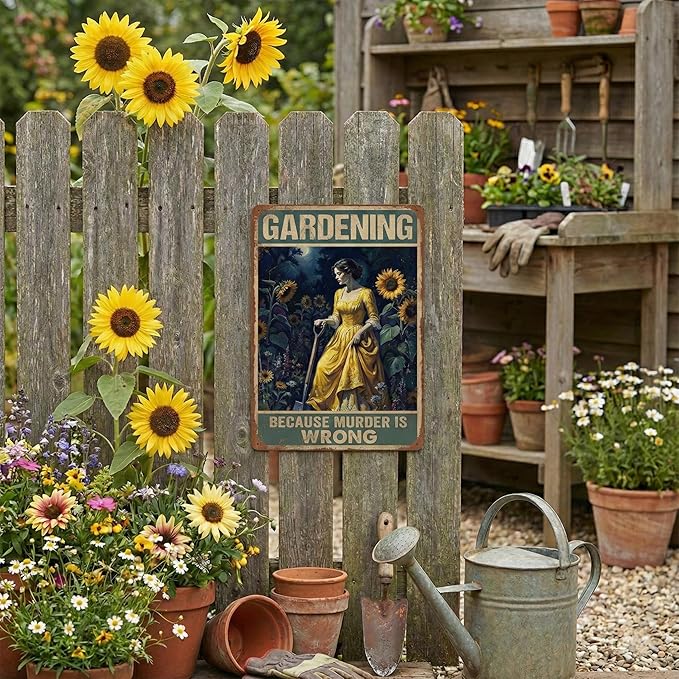 Funny Gardening Tin Sign - "Gardening Because Murder Is Wrong" Vintage Aluminum Wall Art - 8x12 Inch Garden Decor - Metal Sign Humorous Gift for Shed, Women, Mom, Gardeners, Housewarming