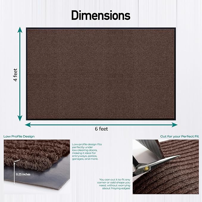 LuxUrux Ultimate Durability Heavy Duty Rubber Door Mat - Stylish, Low-Profile, Waterproof, and Easy to Clean - Ideal for Indoor and Outdoor Use in High Traffic Areas (4 x 6 Feet, Striped Brown)