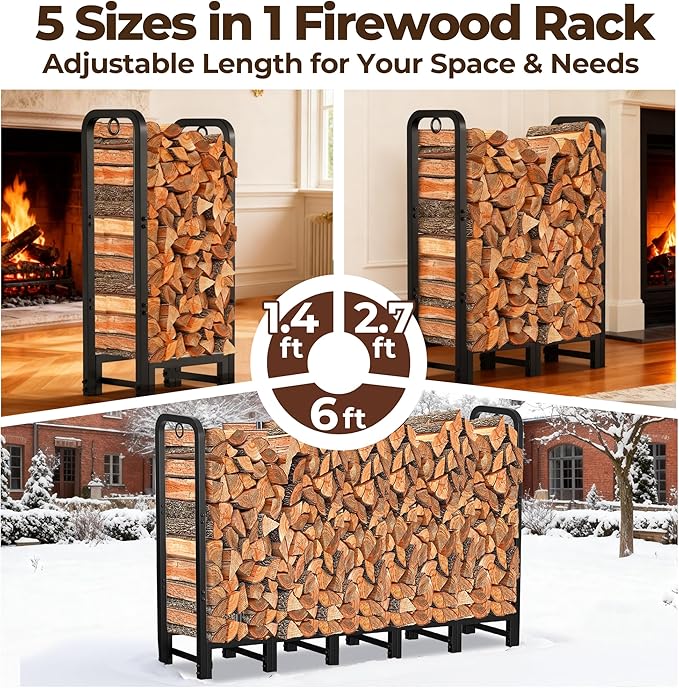 Amagabeli 6ft Firewood Rack Outdoor Heavy Duty Fire Wood Rack Log Holder Organizer Stand for Fireplace Indoor Adjustable Metal Wood Pile Lumber Storage Organizer Stacker for Patio Porch Black