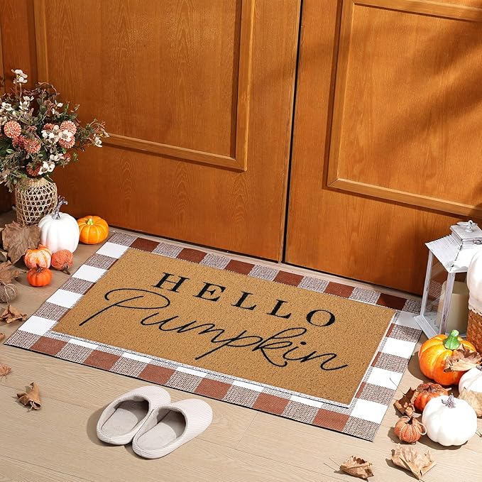 Tinideya 2 Pcs Fall Door Mat Hello Pumpkin Welcome Non Slip Coir Mats Thanksgiving Black White Plaid Harvest Floor Layering Doormats Seasonal for Front Porch Entryway Decor(Brown White Plaid)