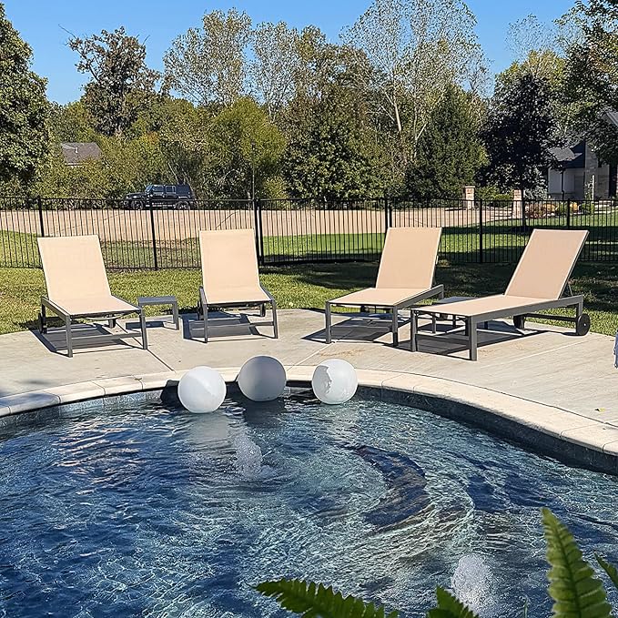 PURPLE LEAF Outdoor Chaise Lounge with Wheels for Outside 2 Pieces Aluminum Patio Lounge Chair with 5 Adjustable Position Recliner for Patio, Beach, Yard, Pool, Side Table Included, Beige