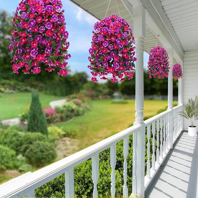 Artificial Fake Hanging Flowers Plants for Outdoor Outside Spring Summer Decoration 2PCS Faux Silk UV Resistant Realistic Morning Glory Trailing Vines for Home Porch Patio Balcony(Rose red & Magenta)
