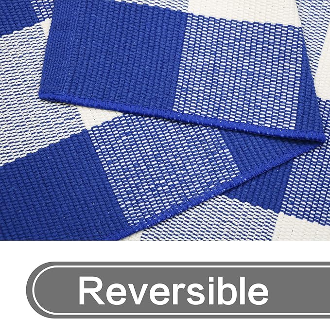 MUBIN Cotton Buffalo Plaid Rug, 3'x5' Blue and White Outdoor Rug Front Door Decorative Mat, Hand-Woven Foldable Rug for Layered Door Mats Washable Carpet for Front Porch, Entryway, Farmhouse