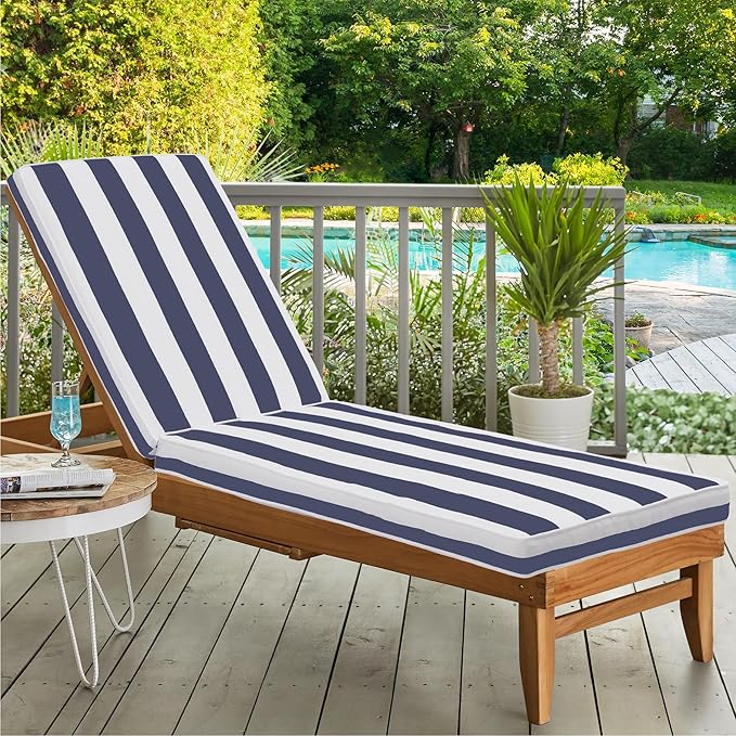 Outdoor Chaise Lounge Chair Cushions 2 Pack, Thick Waterproof Patio Pool Lounge Cushions, Fade Resistant (2, Blue & White Stripe)