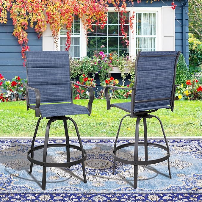 Vongrasig 4 Piece Outdoor Patio Swivel Bar Chairs, All Weather Padded Sling Textile High Top Bar Stools, Bistro Set for Backyard, Lawn Garden, Balcony, Padded Blue