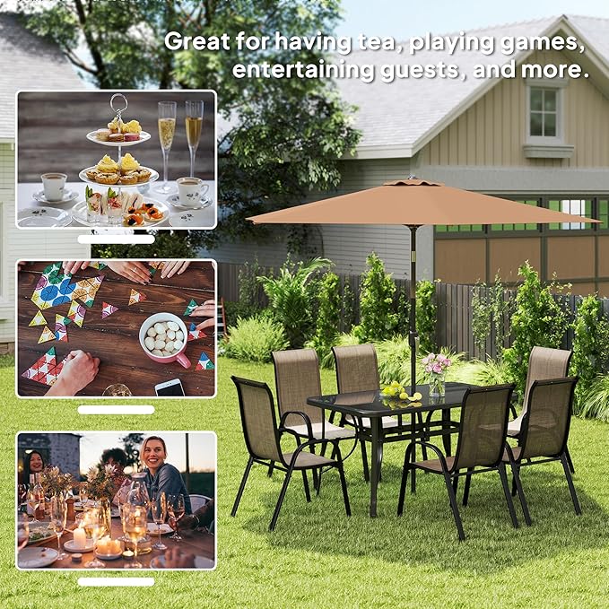 Outsunny 8 Pieces Patio Table and Chairs Set with 9 Ft Patio Umbrella, Outdoor Dining Set with 4.6 Ft Dining Table and 6 Chairs, Push Button Tilt and Crank Parasol, Tempered Glass Top, Mixed Brown