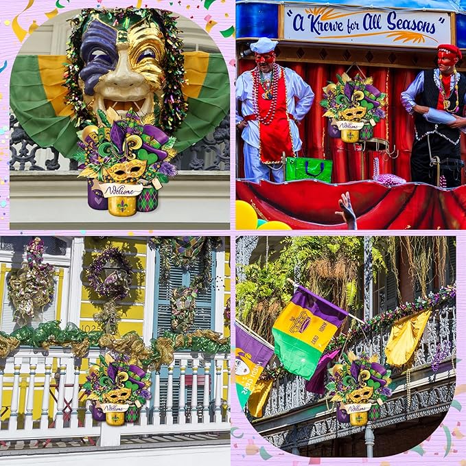 Boao Welcome Mardi Gras Door Decorations Mardi Gras Sign Hanging Decoration wall Hanger Masquerade Carnival Wreath for Outdoor Farmhouse Porch Front Door Decor