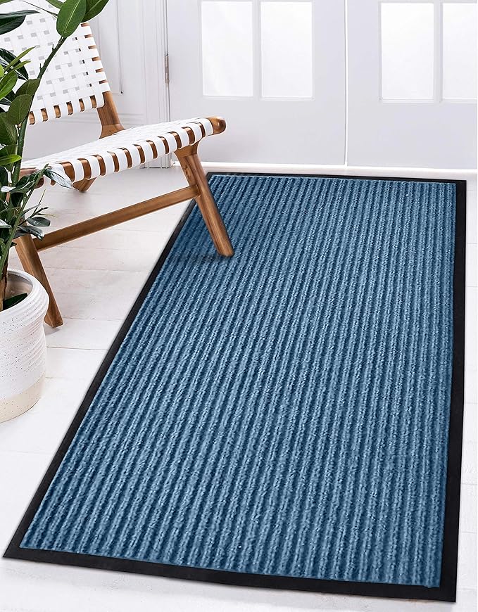 LuxUrux Durable Rubber Door Mat - Heavy-Duty Doormat for Indoor/Outdoor Use - Easy to Clean, Waterproof, Low-Profile Entry Mat - Ideal for Entry, Patio, Garage - Striped Blue Design (3 x 5 Feet)