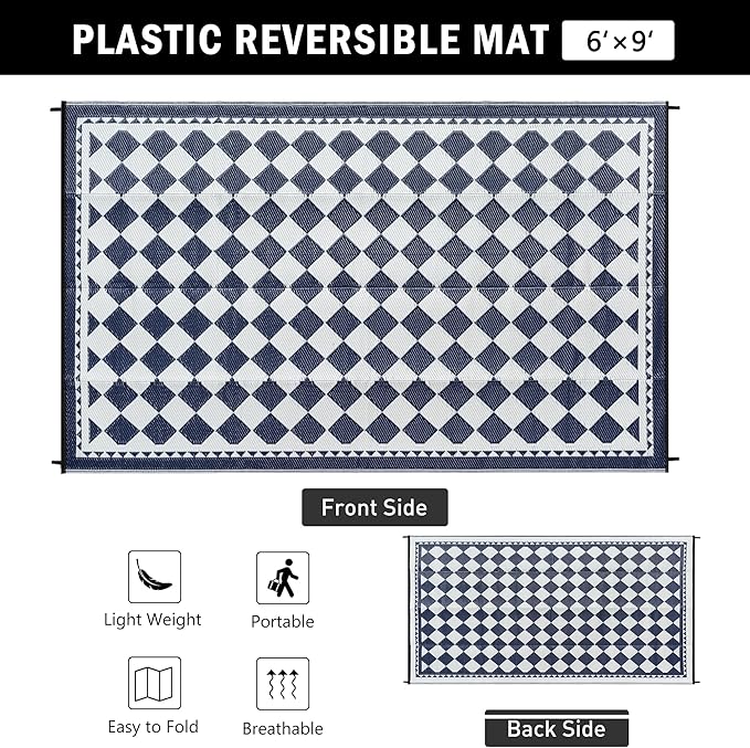 HUGEAR Outdoor Waterproof Rug 6'x9' Plastic Straw Rugs Washable Reversible Floor Mat Blue Plaid Carpet for Camping RV Deck Entryance Porch Picnic Balcony Beach Backyard