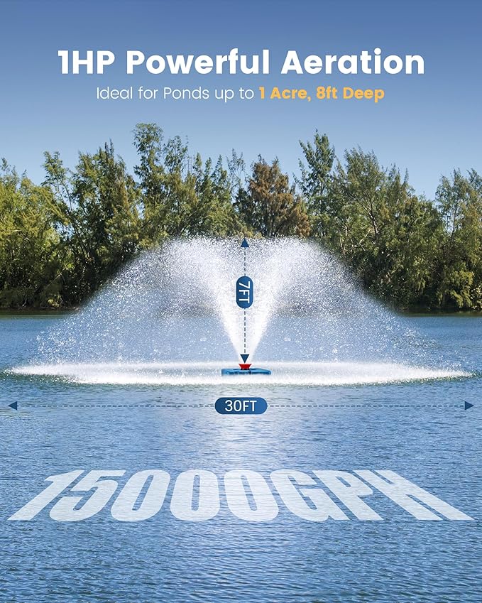 SURAIELEC Pond Fountain Aerator with Larger Floater, 1HP 15000 GPH Fully Automatic Floating Aerating Pump for Outdoor Ponds, Lakes, 2 Nozzles, 100 FT Power Cord, 2x100 FT Guide Ropes