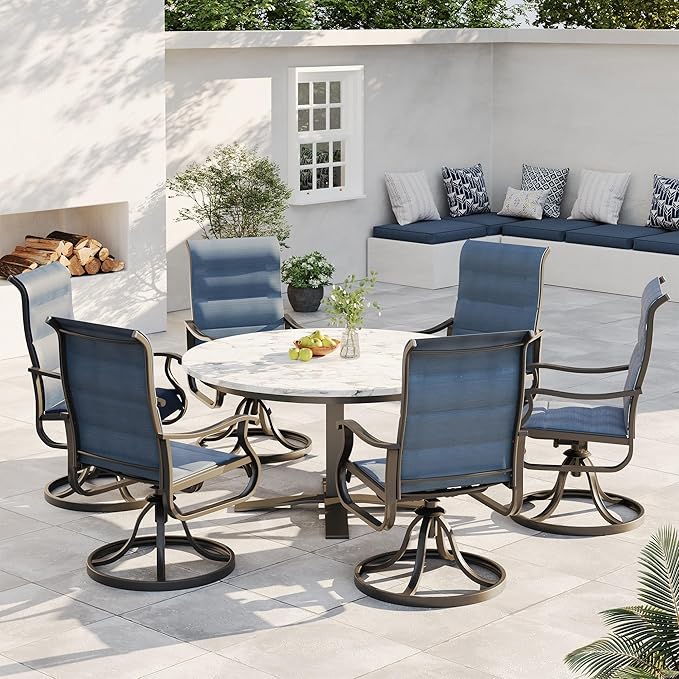 Patio Swivel Chairs Set of 6, Outdoor Dining Chairs with High Back, All-Weather Swivel Rocker Chair for Lawn, Porch or Garden (Padded Navy)