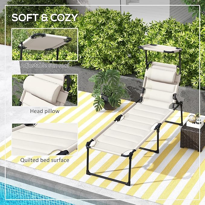 Outsunny 2 Pieces Outdoor Lounge Chair, Adjustable Backrest Folding Chaise Lounge, Cushioned Tanning Chair with Sunshade Roof & Pillow Headrest for Beach, Camping, Hiking, Cream White