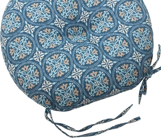 Magpie Fabrics Outdoor Round Bistro Seat Cushions with Ties, 15"x15"x4" Set of 2, Tufted Waterproof Barstool Chair Pads for Patio Home Garden Office, Morgan Medal Print