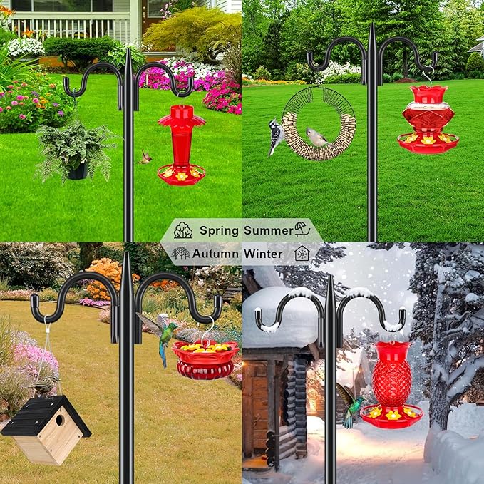 Gtongoko Double Shepherds Hook for Outdoor, 63 Inch Heavy Duty Bird Feeder Pole 5/8 Inch Thick Garden Hooks for Hanging Hummingbird Feeder, Plant Baskets, Solar Light Lanterns, 1 Pack