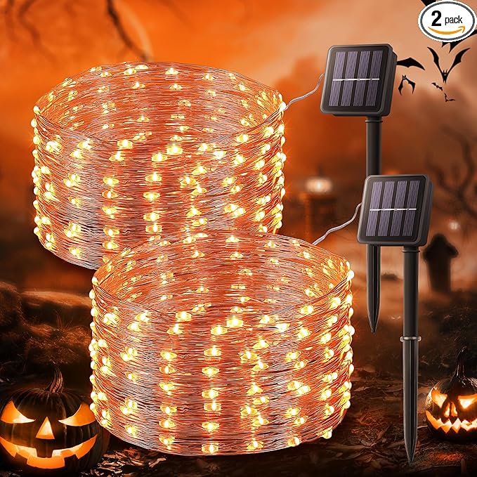 2 Pack Orange Solar Fairy Lights Outdoor,Each 33ft 100 LED Solar Powered Halloween String Lights,Waterproof Copper Wire Twinkle Light for Thanksgiving Christmas Trees Party Yard Decor