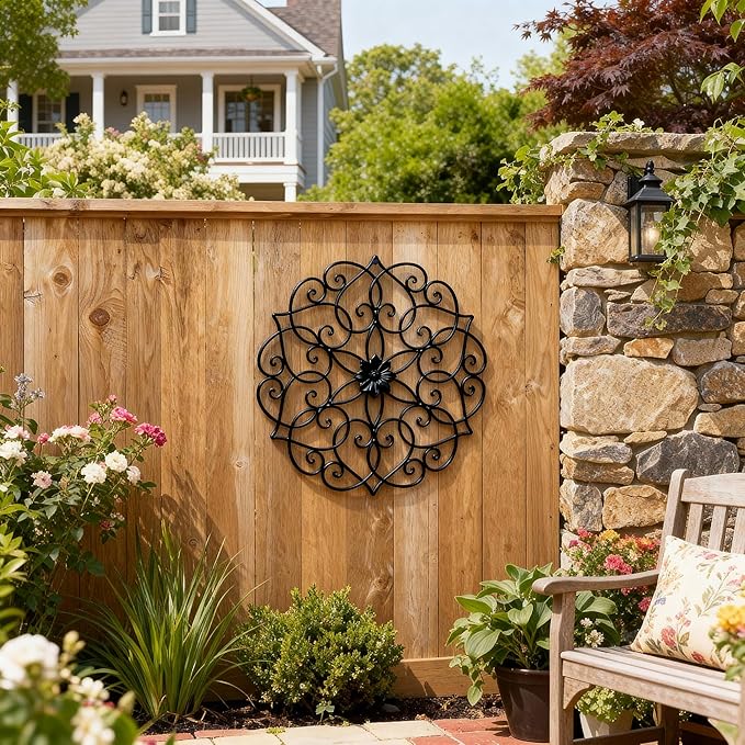 Glitzhome Black Metal Wall Art Decor, 23”H Floral Iron Wall Decor with Ornamental Scroll Design, Indoor Outdoor Wall Accent for Garden Porch Patio