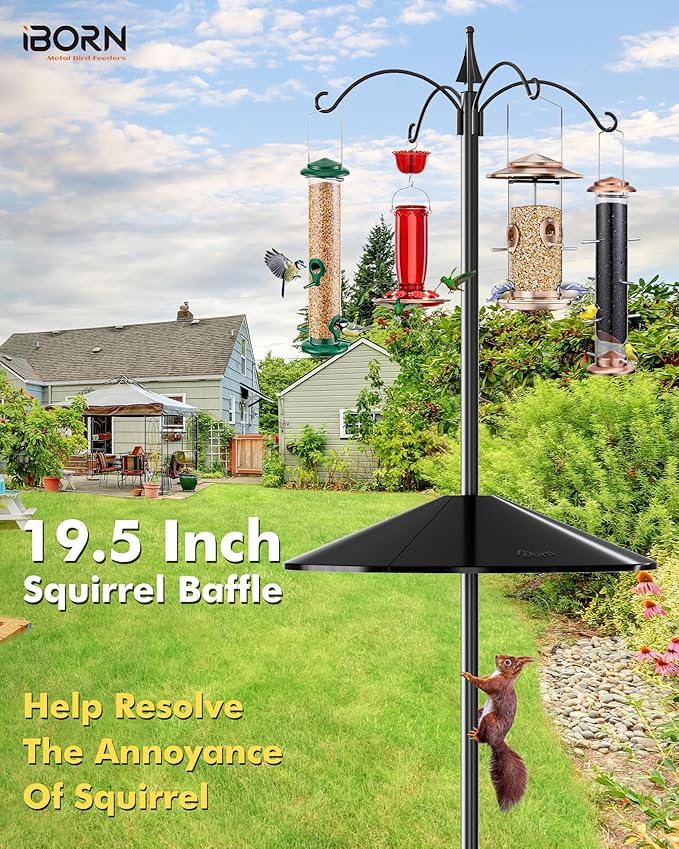 iBorn Bird Feeder Pole with Squirrel Baffle 78'' Wild Bird Feeder Pole Kit,Shepherd Hook with 19.5'' Oversized Guard Baffles for Feeders Outdoor Hanging (Feeders NOT Included)
