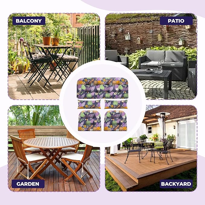 Wicker Chair Cushions of 5 Pieces, Waterproof Outdoor Loveseat Cushion for Wicker Furniture, 1 Love Seat Cushion, 2 U-Shape and 2 Lumbar Pillows for Patio Furniture (Purple Flower)