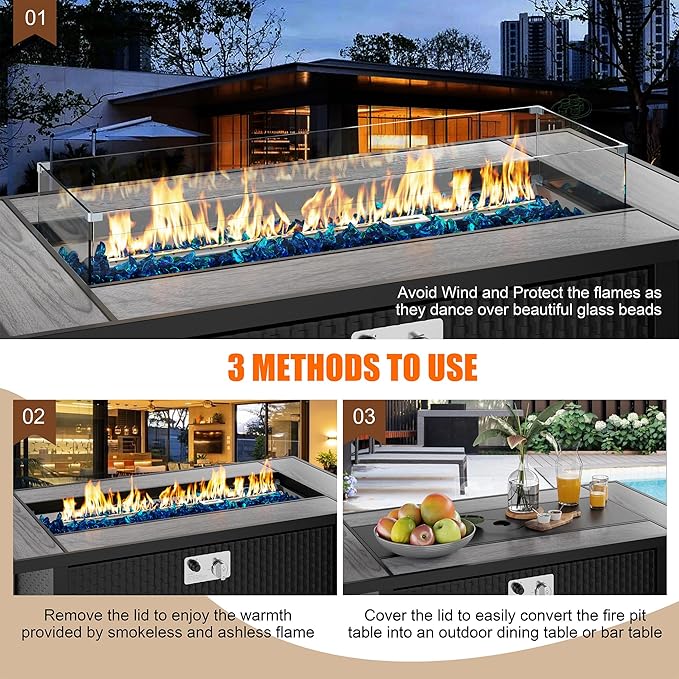 Walsunny 45 inch Outdoor Propane Fire Pit 50,000 BTU Gas Fire Pit Table with Lid, Glass Wind Guard, Waterproof Cover, Rectangle Gas Firepit Table for Garden/Patio, CSA Certification