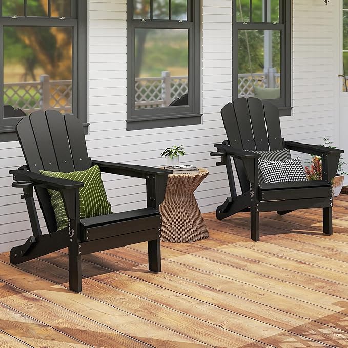 Domi Folding Adirondack Chairs Set of 2, HDPE All-Weather Outdoor Chairs with Cup Holder, Wooden Textured Fire Pit Chairs for Backyard, Patio, Poolside & Deck, Black