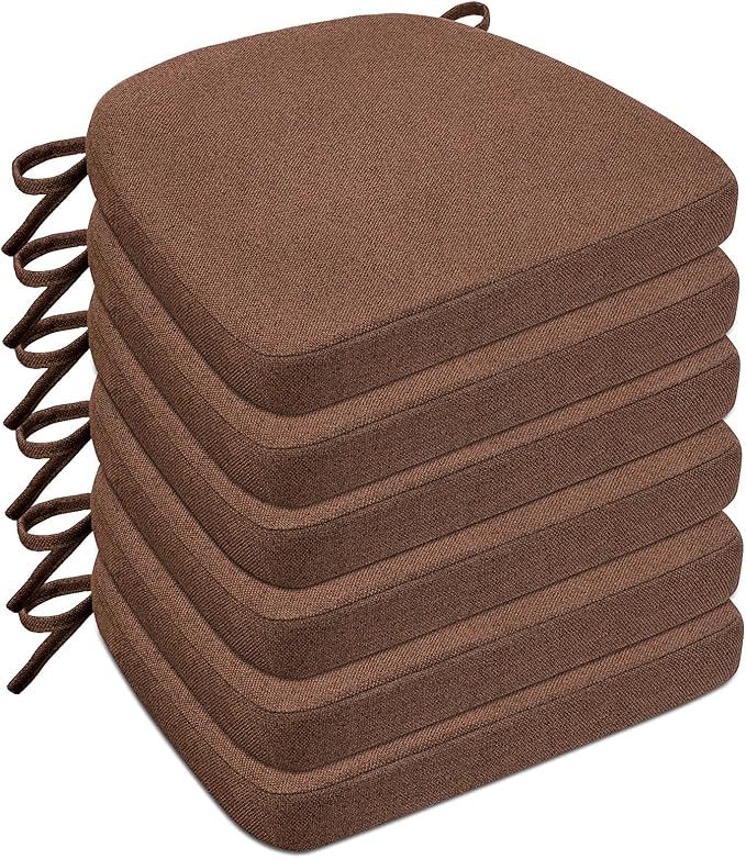 Chair Cushions for Dining Chairs, D-Shaped Seat Cushions with Removable Washable Cover and Ties, Chair Pads for Kitchen, Indoor Dining Room, Patio Chairs, 17'' x 16'', Set of 6, Brown