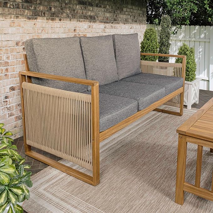 JONATHAN Y SFB1002B Gable 3-Seat Mid-Century Modern Roped Acacia Wood Outdoor Sofa with Cushions Scandinavian, Classic, Transitional, Industrial for Backyard, Patio, Porch, Gray/Teak Brown