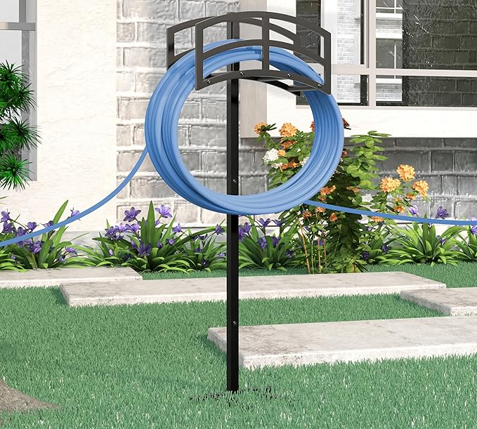 Kingson Heavy-Duty Metal Garden Hose Holder - Detachable & Freestanding Hose Stand with 4 Anchor Points, Black (Outdoor Use)