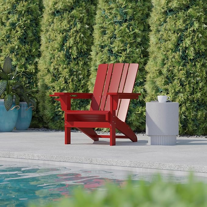 Flash Furniture Halifax Adirondack Chairs with Cup Holders, Weather Resistant Poly Resin Adirondack Chairs, Set of 4, Red