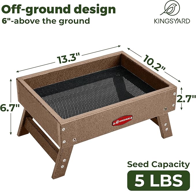 Kingsyard Ground Bird Feeder for Outdoors - Recycled Plastic Platform Feeder for Wild Birds, Squirrels, Chicken, 5 LBS Large Capacity, Brown