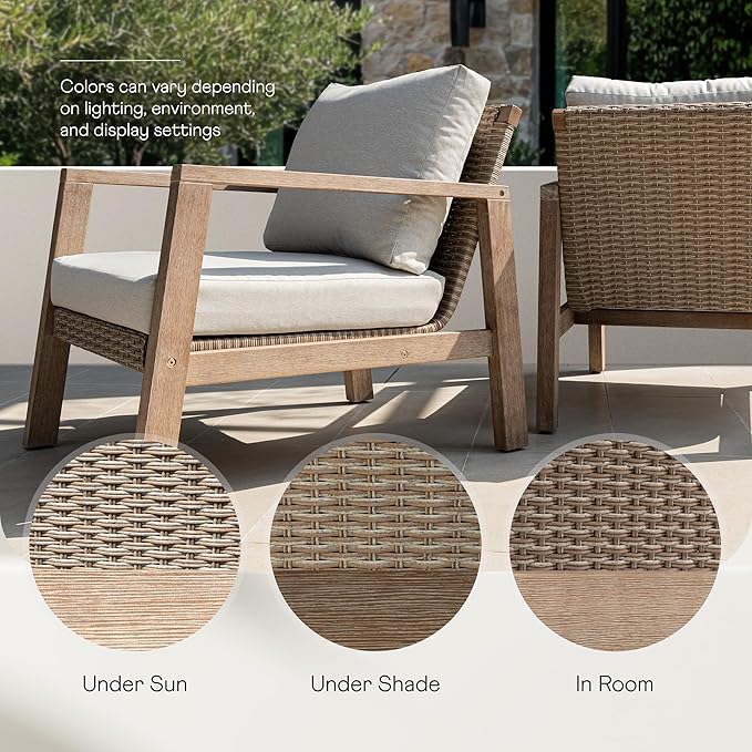 Idzo Olivier Eucalyptus Outdoor Club Chairs Set of 2, 400lbs Heavy Duty Wood Patio Furniture Set, Ergonomic Slanted Backrest Design, 4.5in Thick Cushion