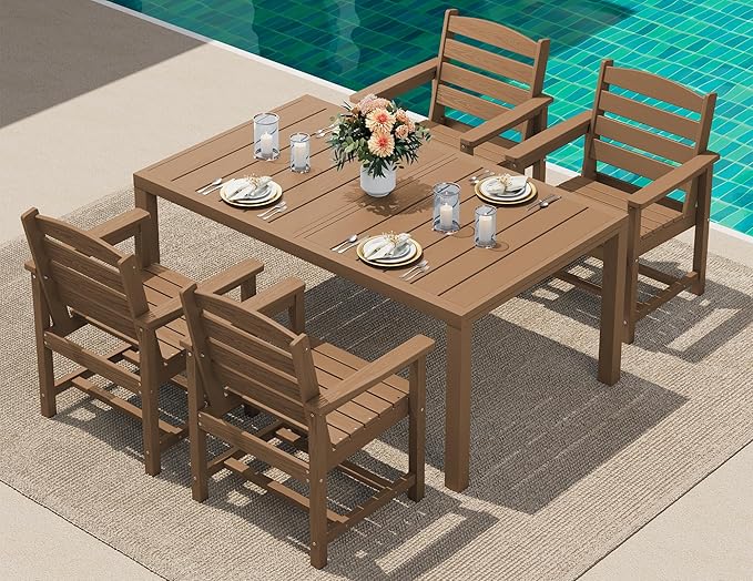 SERWALL 5-Piece Outdoor Table and Chairs, 60" - 83" Expandable Outdoor Dining Table with Aluminum Frame & HDPE Tabletop, All Weather HDPE Patio Furniture Set for Backyard, Garden, Brown