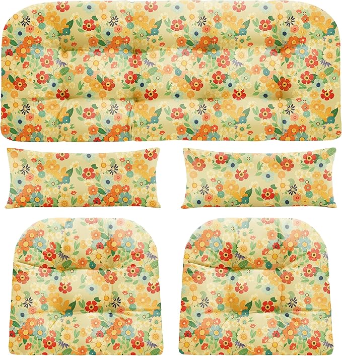 Wicker Chair Cushions of 5 Pieces, Waterproof Outdoor Loveseat Cushion for Wicker Furniture, 1 Love Seat Cushion, 2 U-Shape and 2 Lumbar Pillows for Patio Furniture (Yellow Chrysanthemum)